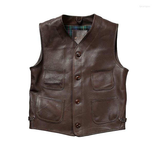 Herrenwesten Frühling Herbst Outdoor Casual Lederweste Weste und Damen brauner ärmelloser Mantel Vintage Rindsleder