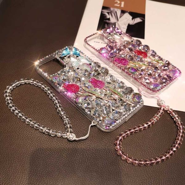 Case di telefonia cellulare 3D Bling Bling Rose Diamond Chain Custodia per iPhone 14 12 Pro Max Mini 11 13 Pro XS XR 6 S 7 8 Plus 12Pro SE Copertura L230801