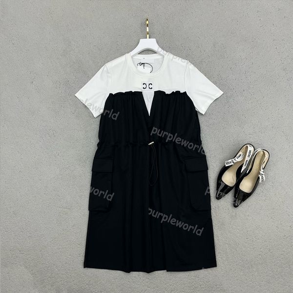 Vestido feminino casual clássico preto branco vestido contrastante moda cordão elástico cintura verão roupas de manga curta