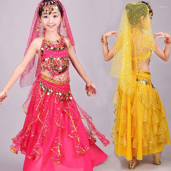 Sahne Giyim Çocuklar için göbek dans kostümleri Bollywood dansı şovu takım elbise çocuk payetleri