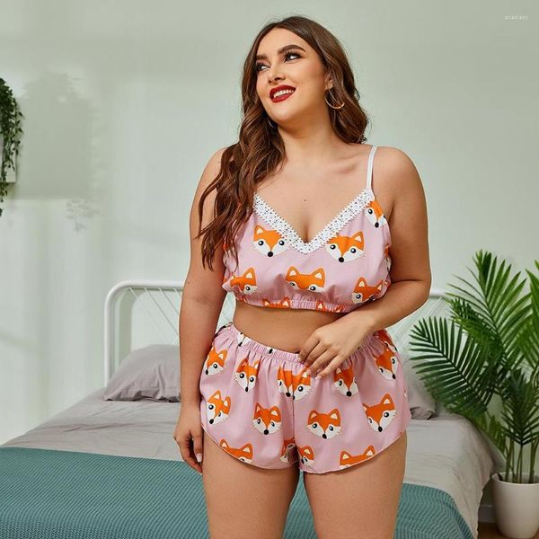 Damen-Nachtwäsche, Übergröße, Europa und Amerika, Pyjama-Set, sexy Hosenträger, tiefes V, Homewear, bedruckt, Spitze, Top, Shorts, 2-teiliger Unterwäsche-Anzug für