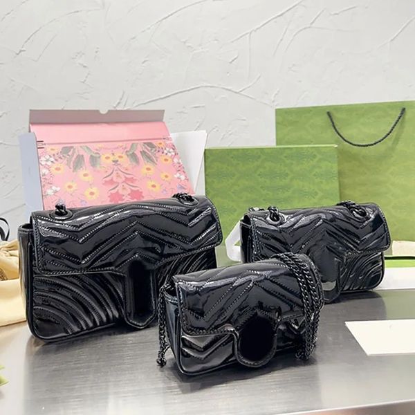 Schwarze Lackleder-Ketten-Umhängetasche, modische Marmont-Umhängetaschen, Damen-Handtaschen, klassische Brief-Klappen-Geldbörse, weibliche Clutch-Geldbörse, 3 Größe