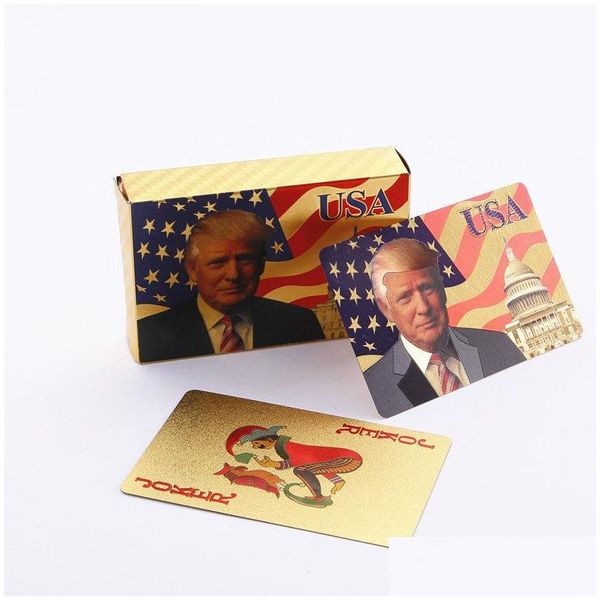 Bomboniera Trump Carte da gioco Gold Sier impermeabili Gioco di poker Consegna di gocce di plastica Giardino domestico Forniture festive Evento Dhodu