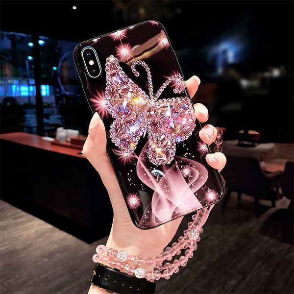 Casos de telefone celular Luxo Glitter Diamante Borboleta Glisten Phone Case para iPhone 14 13 12 11 Pro Max X Xs XR 7 8 Plus SE Crystal Chain Bling Capa L230731