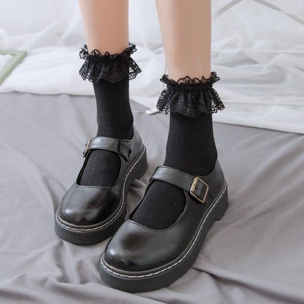 Женские носки Kawaii японский хараджуку хлопок короткий черный белый кружево лолита для девочек дышащая сладкая ручья принцесса