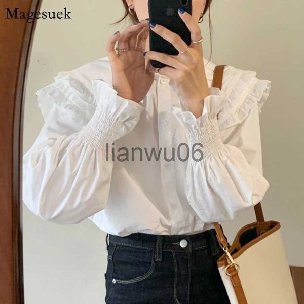 Camicette da donna Camicie New Coreano Sweet White Top Femme Ruffles Camicetta a maniche lunghe vintage da donna Camicie casual in cotone con colletto alla Peter Pan per le donne 12392 J230802