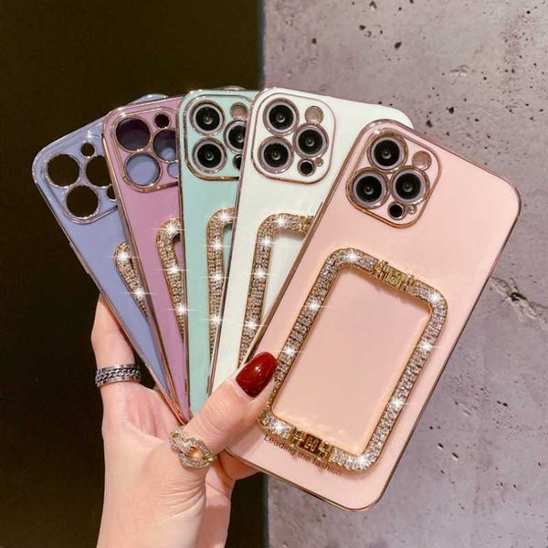 Casos de telefone celular Bling 3D Crystal Square Holder Gold Plating Phone Case Para iphone 12 Pro Max Mini 11 13 Pro X XS XR 6 S 7 8 Plus 12Pro SE Cover L230731