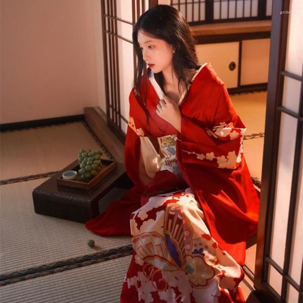 Abbigliamento etnico Harajuku Indumenti da notte in stile giapponese orientale per le donne Ragazze Kimono floreale rosso Yukata Abito lungo Pigiama sexy allentato Homewear