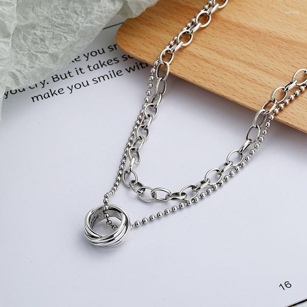 Ketten S925 Sterling Silber Doppelschicht Kreis Anhänger Halskette Antike Tai Runde Perlen für Frauen und Männer