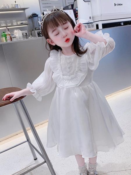 Vestidos para meninas Vestido de princesa branco para meninas com babados manga longa bebê infantil saia primavera e verão estilo ocidental super fada