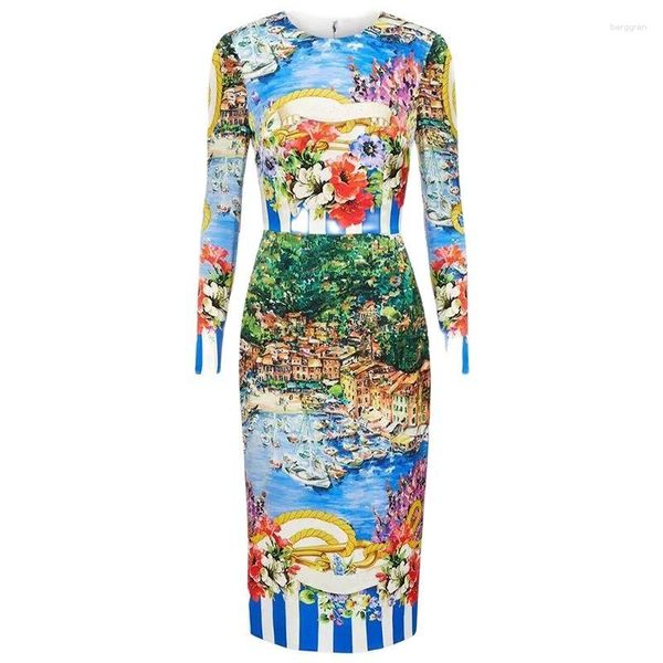 Casual Kleider Frühling Sommer Seide Oansatz Langarm Blumen Druck Vintage Party Paket Gesäß Für Frauen 2023 Runway