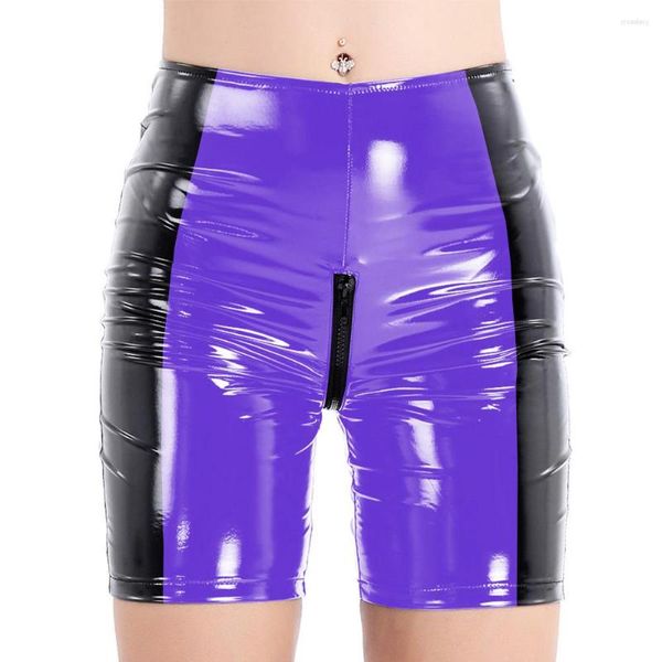 Shorts Feminino Sexy Virilha Zíper Exótico Feminino Couro PVC Biker Patchwork Preto Cores Bodycon Calças Party Club Summer