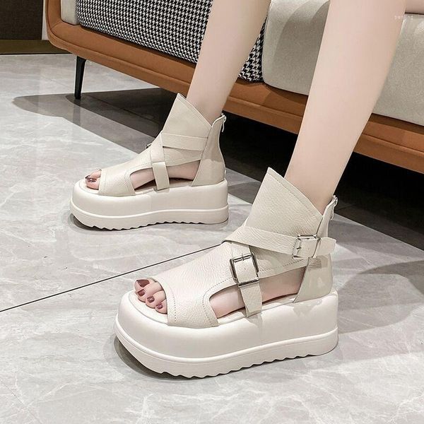 Sapatos sociais sandálias para mulheres verão 2023 moda dedo do pé redondo aberto casual designer plano sandália cunha costas zíper branco feminino