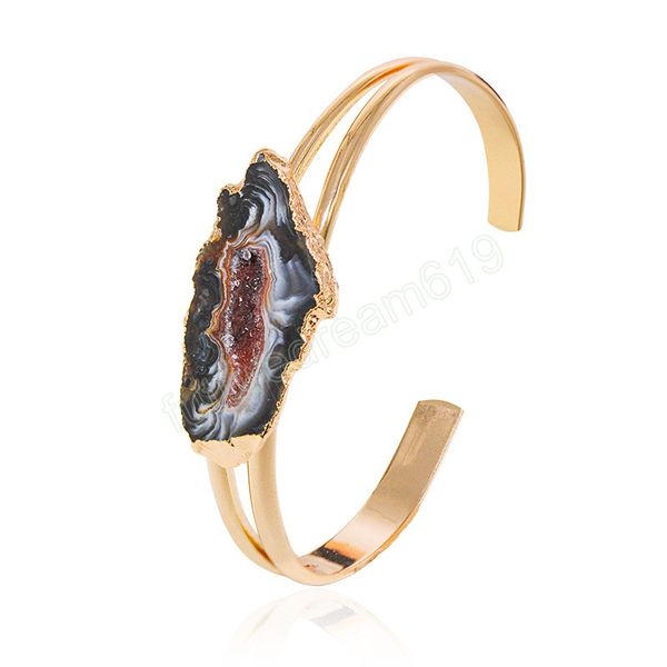 Pulseira de ágata irregular geode pedra bruta banhada a ouro pulseira de punho aberto cor primária para mulheres cristal de cura