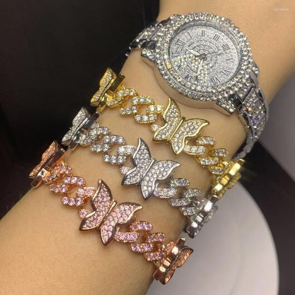 Link Bracciali Iced Out Bling Cz Miami Cuban Chain Butterfly Charm Bracciale Gioielli da donna Hip Hop