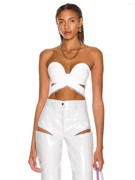 Frauen Zweiteilige Hosen Weiß Dünne Overall Frauen Sexy Trägerlosen Luxus Spitze Crop Top Bandage PU Für Nachtclub Party