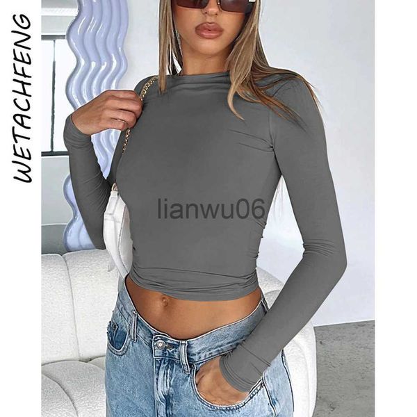 Damenblusen, Hemden, modisch, Damenbekleidung, Skims-T-Shirts, langärmelig, Rundhalsausschnitt, dünn, Y2K-Streetwear, Crop-Tops 2023, Lady Grey, Slim Base Tees Tops J230802