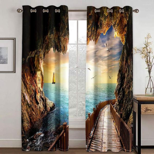 Tenda Custom Cave Scenery Oil Painting Paesaggio naturale Due sottili tende per finestre per soggiorno Camera da letto Decor 2 pezzi