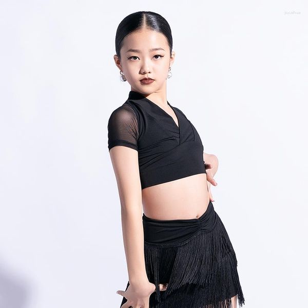 Stage Wear Summer Kids Costumi latini Black Girls Abbigliamento da ballo manica corta Fashion Ballroom Practice Dance Top 1277