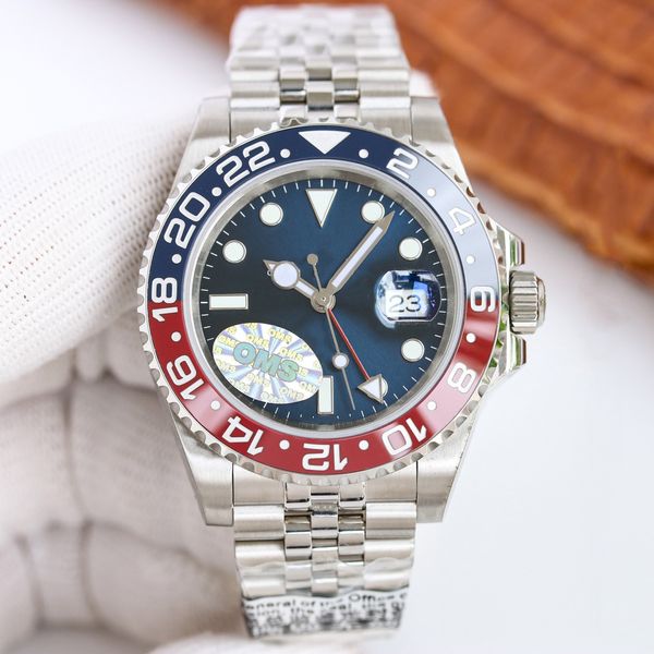 Herren Uhr 40mm Blaues Zifferblatt Automatische Uhr Mechanische Uhr 904L Edelstahlgurt Blaues rotes Keramik Sapphire Uhr Super Luminous -Kalender Montre de Luxe Uhren