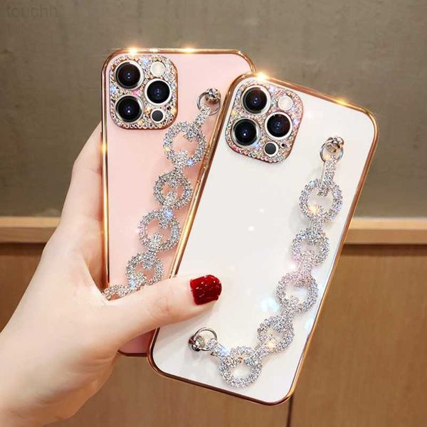 Handyhüllen Luxus Glitte Linse Diamantkette Handyhülle für iPhone 14 13 12 11 Pro Max XR X XS 7 8 Plus SE Weiche Silikonbeschichtung Bling Cover L230731