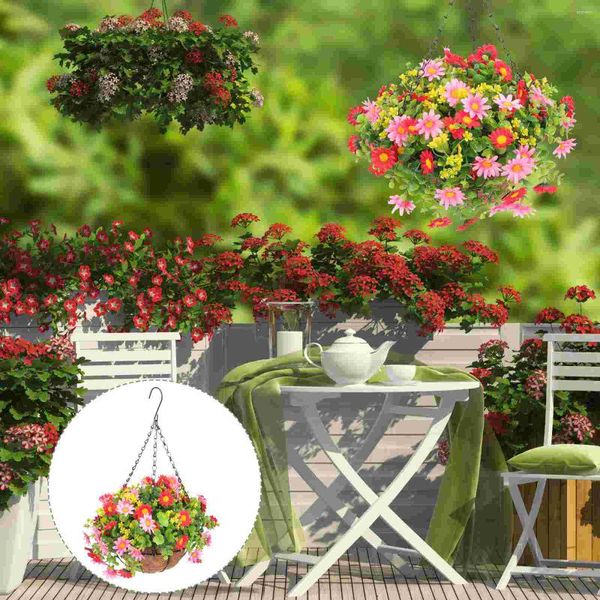 Flores decorativas Vasos de plantas suspensos de plástico Cestas de flores artificiais Cestas ao ar livre Deck falso Decorações falsas Seda Margarida