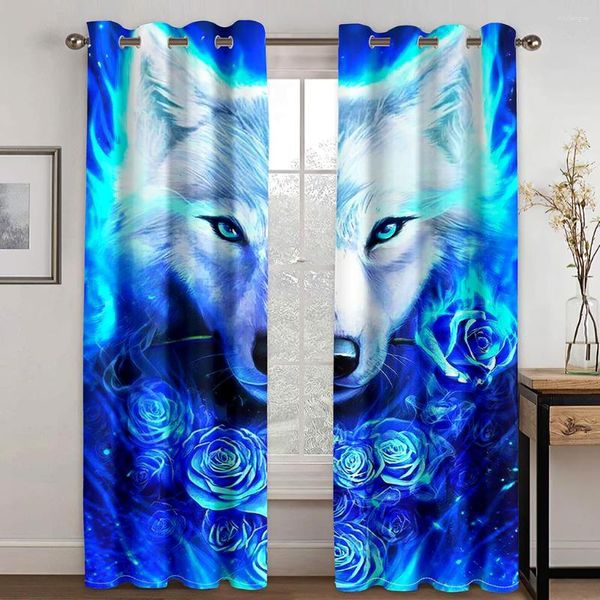 Vorhang 3D Digital Blue Wolfs Animals Rose Leopard Zwei drapierte dünne Fenstervorhänge für Wohnzimmer Schlafzimmer Dekor 2 Stück