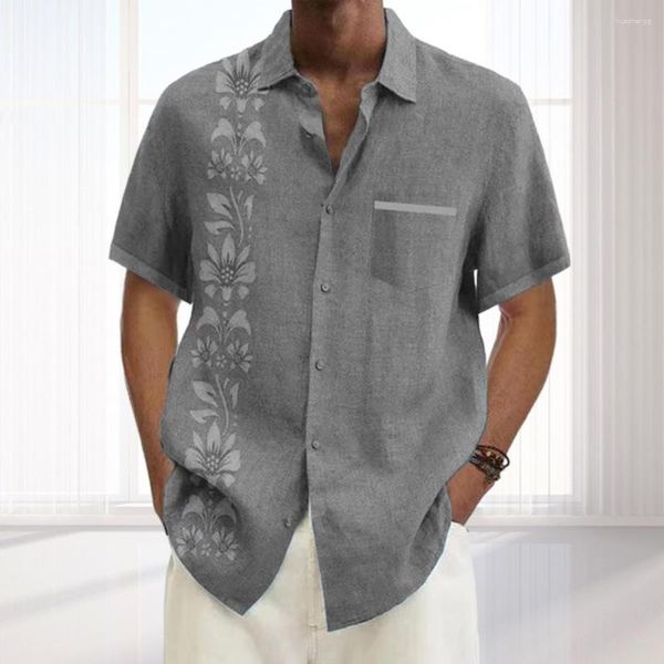 Camicie casual da uomo Camicia sottile estiva da uomo Stampa a fiori Vestibilità ampia Risvolto Streetwear elegante con toppa di design monopetto per