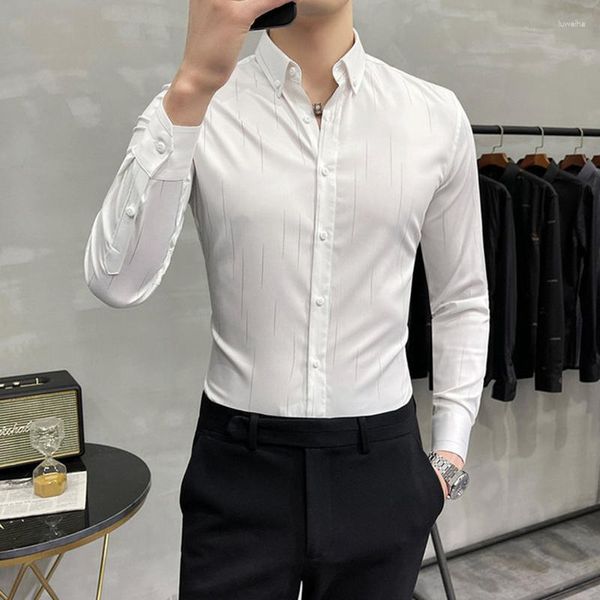 Camisas casuais masculinas 2023 outono elegante listras pontilhadas manga longa britânica slim fit camisa negócios moda roupas na moda