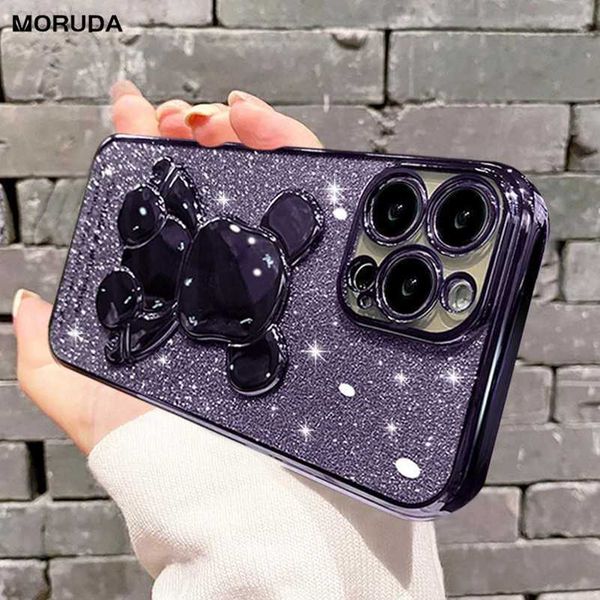 Casos de telefone celular Glitter Cute Bear Case para iPhone 11 12 13 14 Pro Max 14 7 8 Plus 13 Mini X Xs Max Xr Luxo Bling Plating Soft Silicone Capa L230731