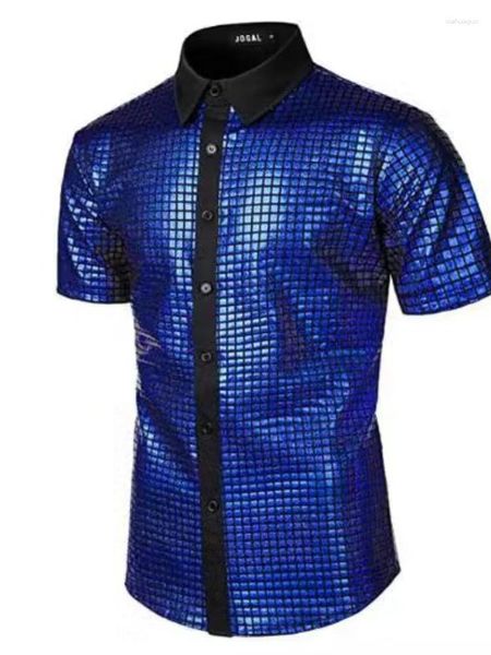 Мужские повседневные рубашки 2023 Мод универсальная простая личностная рубашка с блестками пуговица вниз 70 -х