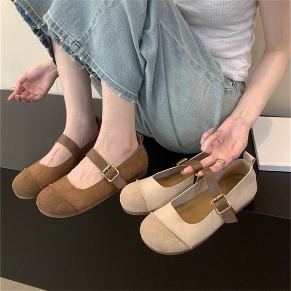 Scarpe eleganti 2023 Spring Retro Cow Suede Mary Janes Flats Shoe Girls Sweet Round Toe Mori Style Genuine Leather 230801