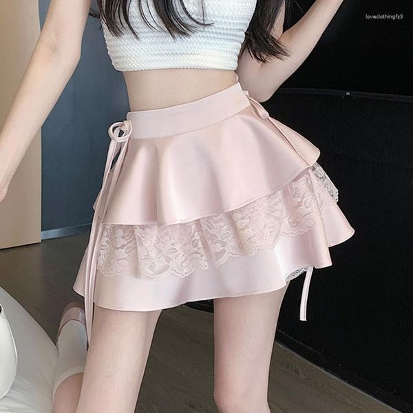 Jupes Kawaii rose volants Mini jupe femmes fée dentelle Double couche taille haute pansement Sexy courte Coquette Lolita Ballet Style