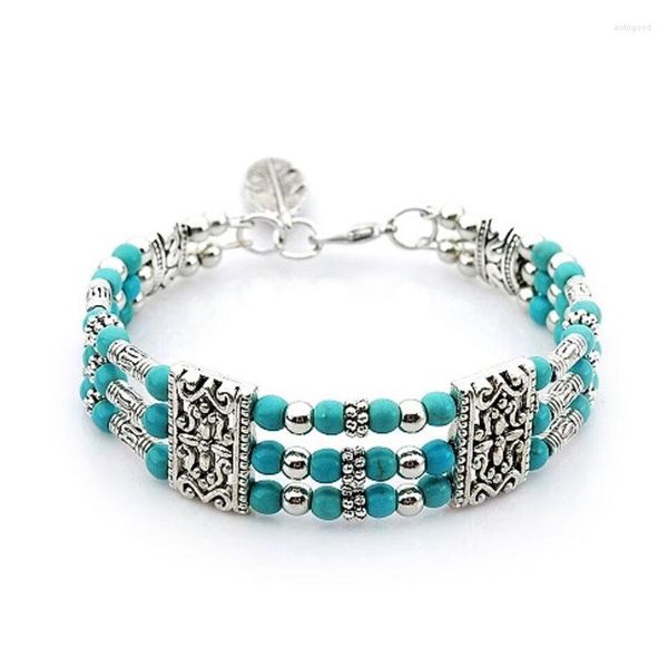 Strand Bohemian Vintage Hollow Out Bracciale con pendente a foglia in lega Tre strati multi colore turchese Moda donna