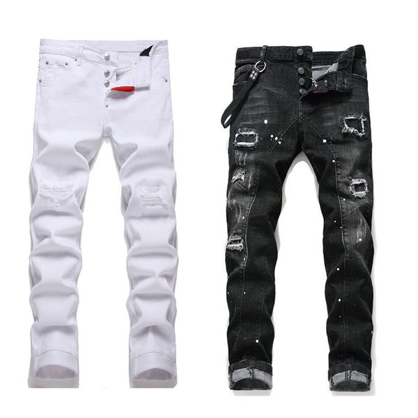 Designer-Jeans für Herren und Damen, schmal geschnitten, Denim-Hosen, blaue Knie, zerrissene Hosen mit Buchstabenlöchern, schlanke Biker-Moto-Jeans mit geradem Bein, modische Distress-Hip-Hop-Pantalones