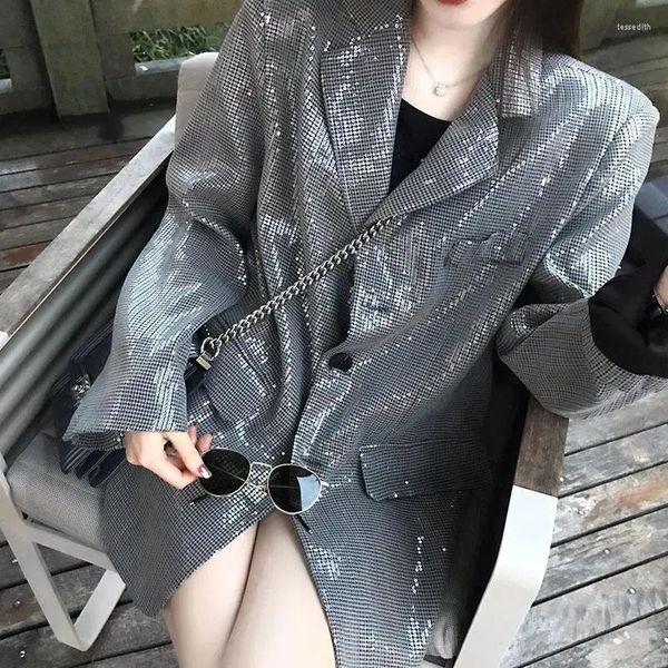 Ternos Femininos Moda Coreana Brilhante Lantejoula Blazer Feminino Brilhante Luxo Jaqueta Manga Longa Mulher Streetwear Temperamento Casaco Solto