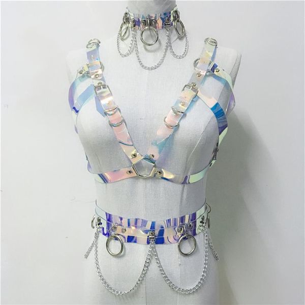 Trajes sensuais gótico feito à mão holográfico PVC conjunto de 3 peças feminino colarinho gargantilha sexy crop top elo corrente cinto rave festival ma2542