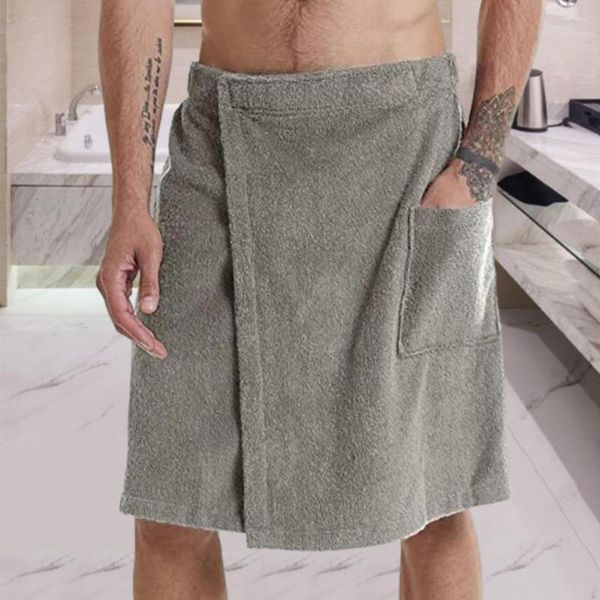 Roupa de dormir masculina Roupão de banho curto Toalha de banho longa ajustável com cintura elástica Camisola Bolso para uso ao ar livre