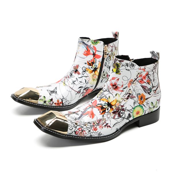 2023 chinesischen Stil Print Zipper Prom Schuhe Freizeit Plus Größe Spitz Stiefeletten Mode Männer Echtes Leder Party Stiefel