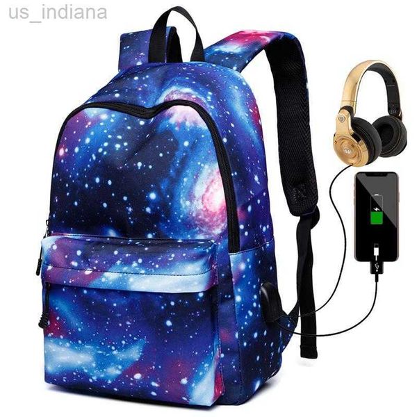 Mochilas escolares Mochila masculina e feminina Céu estrelado Carregamento USB Aluno Mochila escolar Montanhismo Coreano Lazer Viagem Laptop Z230802