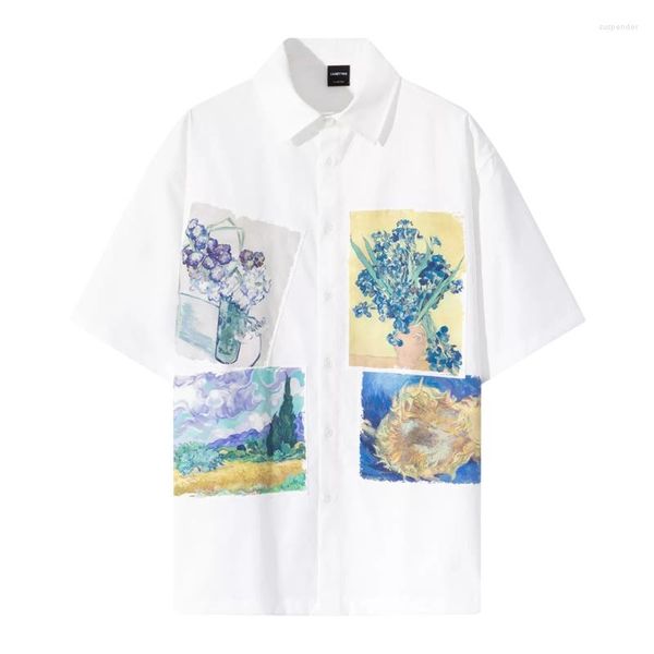 Männer T-Shirts DISCVRY Mann Patchwork Revers Baggy Casual Hemd 2023 Kurzarm Retro Print Design Weibliche Blusen Streetwear Gemütliche Chic