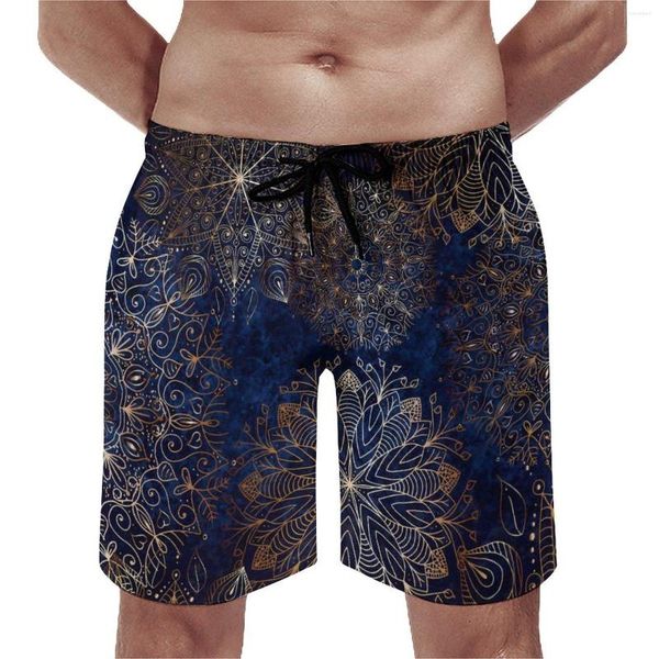 Мужские шорты цветочной доски Мандалы Мужские пляж Золото и голубые ежедневные плавающие сундуки Большой размер