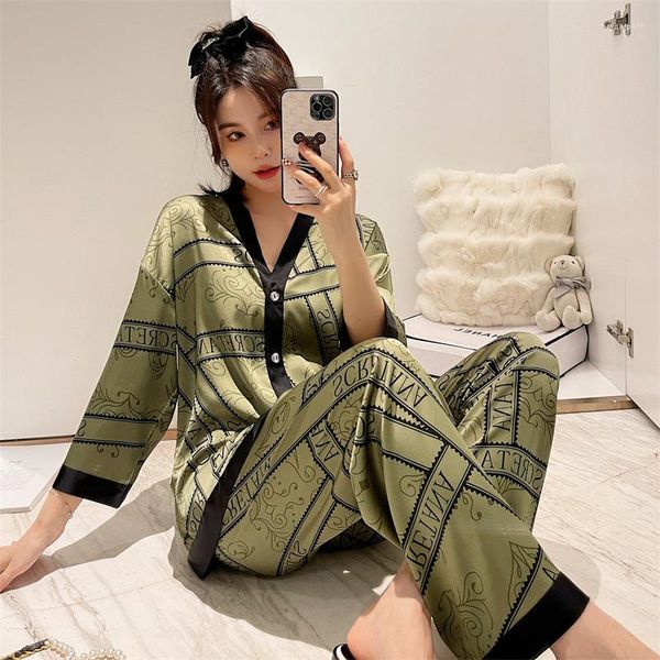 Indumenti da notte da donna QWEEK Silk Like Pigiama da donna Pigiama a righe Letter Print Autunno 2 pezzi Set da donna Pigiama Vintage Green Loungwear