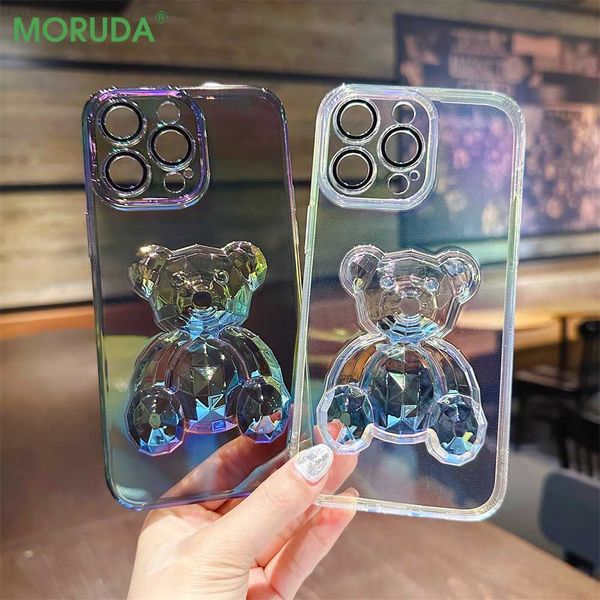 Casos de telefone celular ins 3D Diamond Bear Capa para iPhone 14 ProMax 11 12 13 Pro Max Colorido Laser Transparente Phone Case com Lens Film Soft Cover L230731