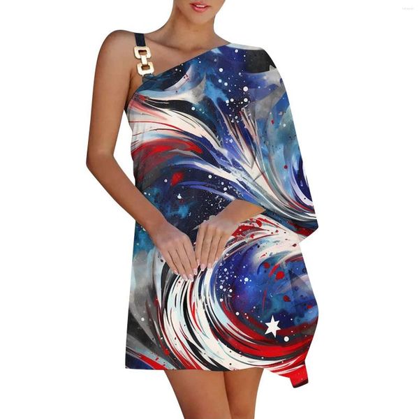 Vestidos casuais menina maxi vestido verão para mulheres um ombro meia manga morcego impressão solto metal bonito feminino