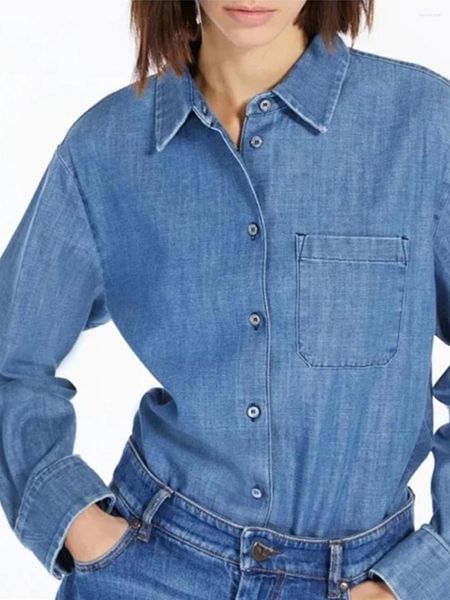 Blusas femininas bainha assimétrica camisa jeans de manga comprida azul clássica blusa única feminina gola virada para baixo 2023 início da primavera