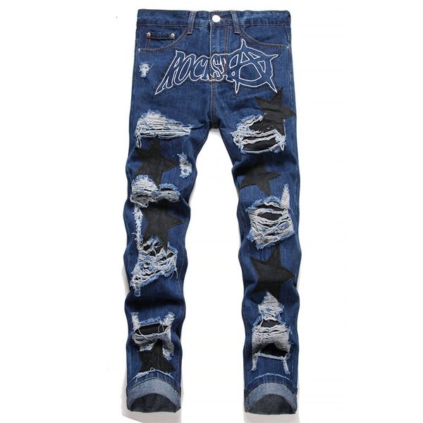 Mens Jeans Estilo Punk Azul Rasgado Carta Bordado MidWaisted Perna Reta Mendigo Calças Hip Hop Moda Applique Roupas 230801