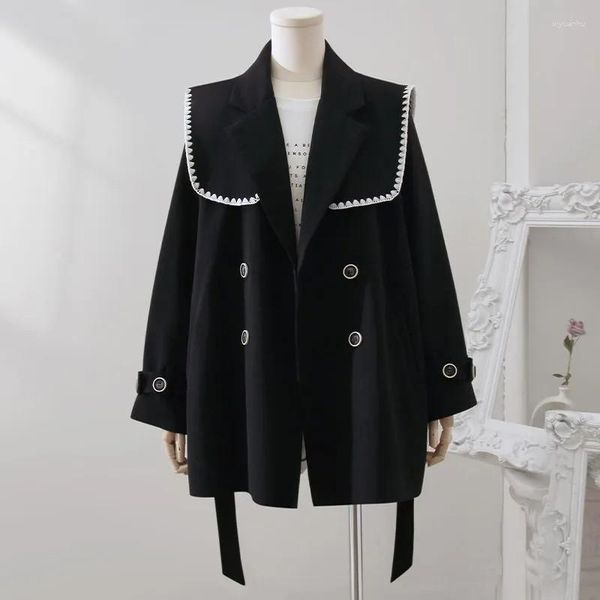 Frauenanzüge eleganter Trenchcoat mit mittlerer Länge klassischer Reversandel-Mantel schlanker Oberbekleidung schwarzer Jacke Pocket-Strickjacke Kleidung