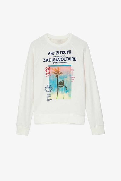 Zadig Voltaire designer moletom de algodão puro coco tinta branca impressão digital algodão em torno do pescoço manga raglan mulheres camisola clássica moda tops oversized