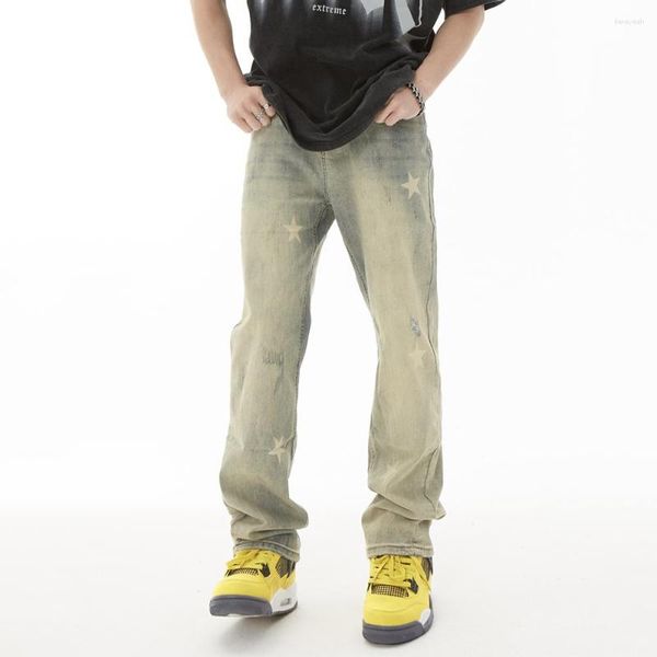 Jeans Masculino Y2k Masculino Y2k Unissex Simples Sólido Streetwear Pentagrama Desgastado Calças de Moda de Alta Rua Skinny Vaqueros Calças Denim Soltas